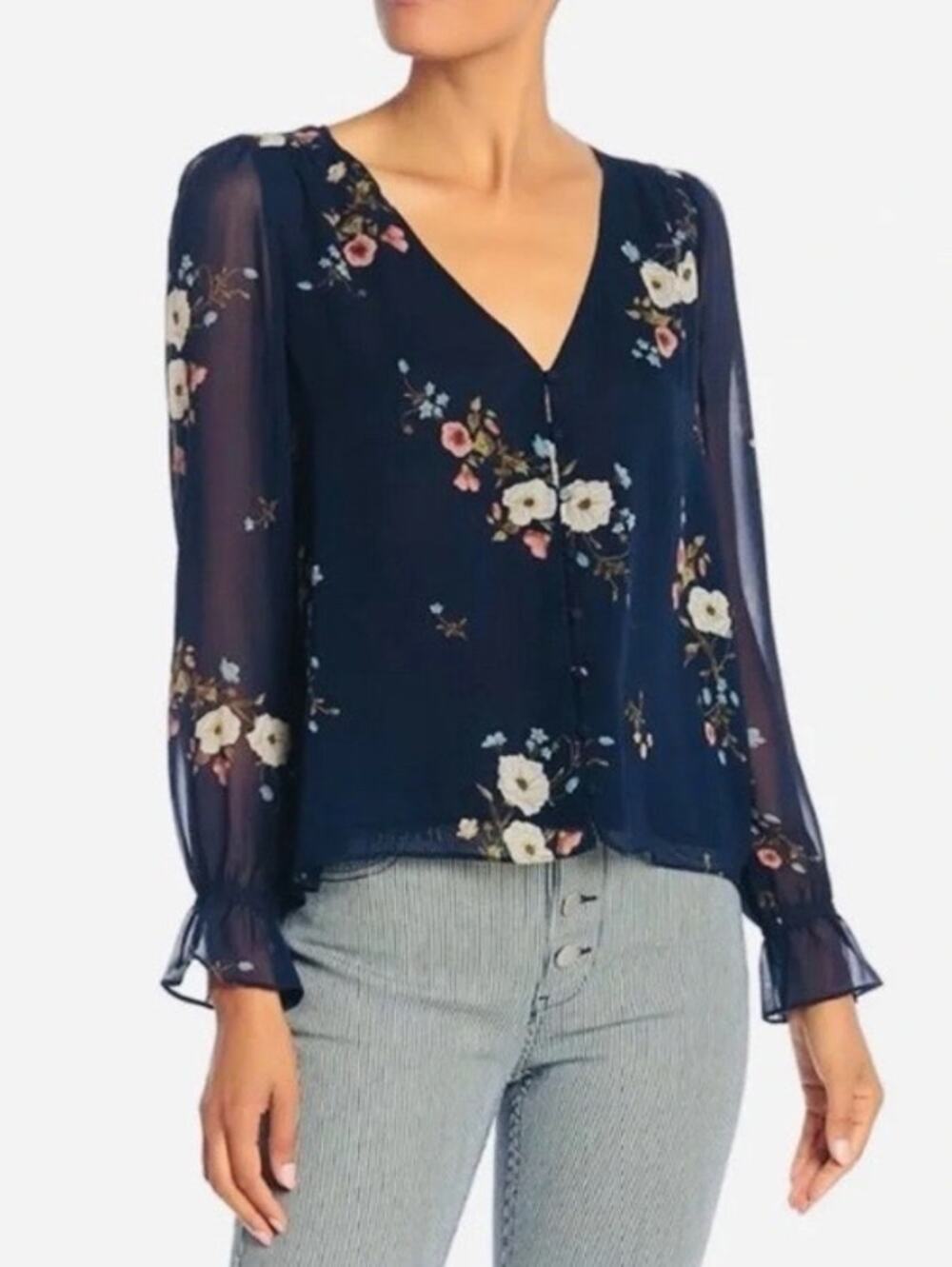 Joie Bolona Floral 100% Silk Blouse Size L Navy Ruffles Sheer Long Sleeve Top